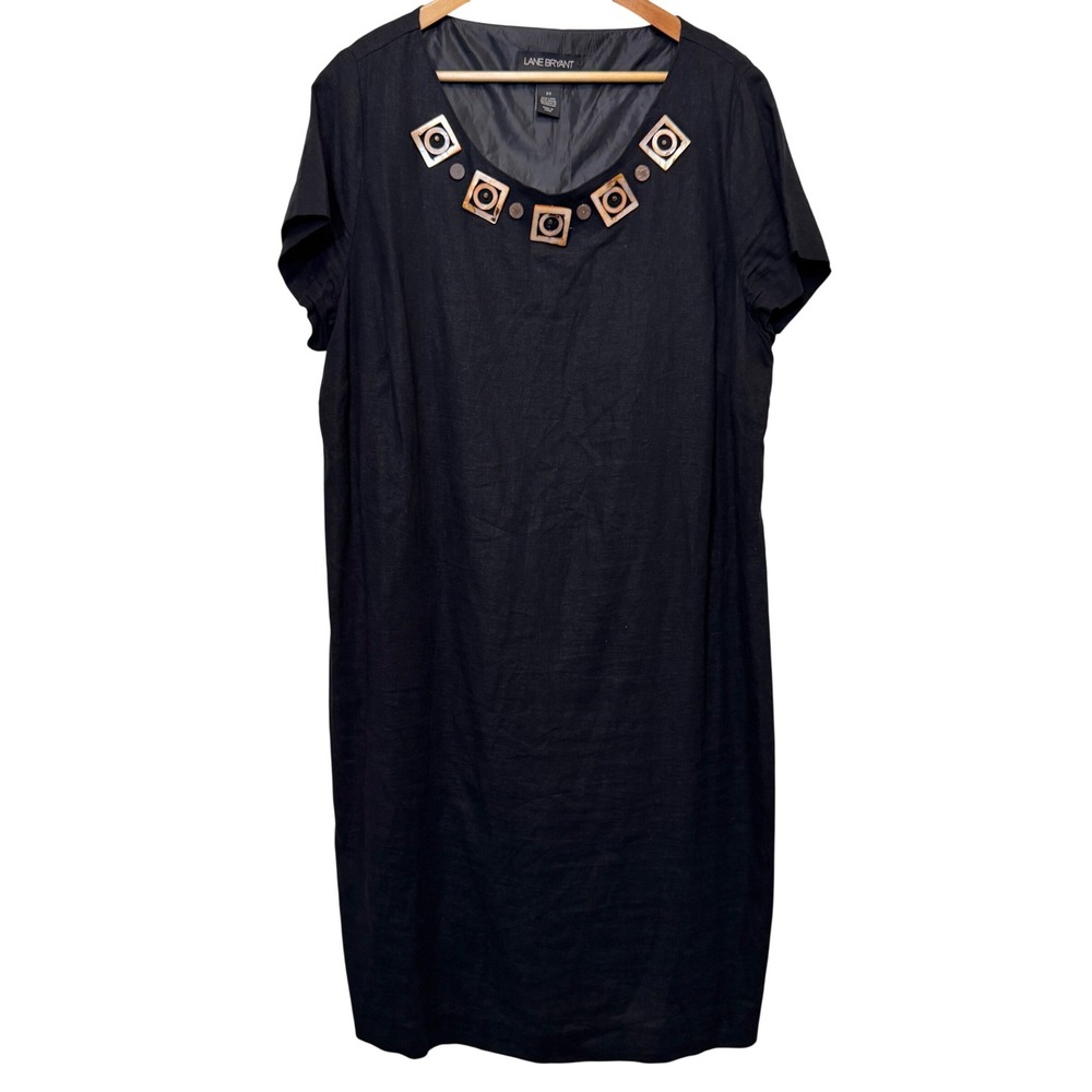 Lane Bryant Linen Blend Dress 20 Black Embellished Neckline Boho Lagenlook Artsy